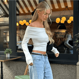 VIRA Fashion Elegant Slash-Neck Ribbed Crop Top – Off Shoulder Long Sleeve T-Shirt