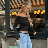 VIRA Fashion Elegant Slash-Neck Ribbed Crop Top – Off Shoulder Long Sleeve T-Shirt