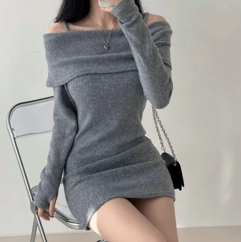 Korean Sexy Off-Shoulder Knitted Mini Dress – Spaghetti Strap Long Sleeve Dress for Women