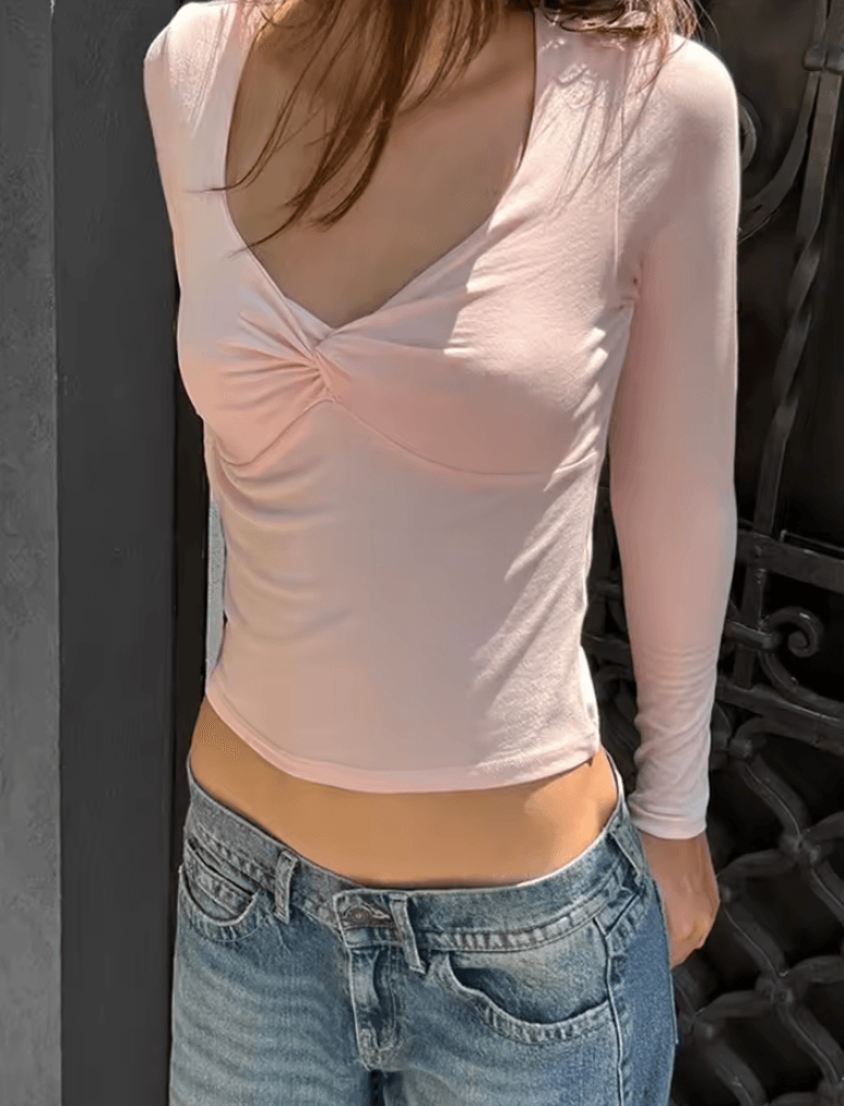 Ruched V-Neck Long Sleeve T-Shirt for Women – Slim Fit Solid Color Tees