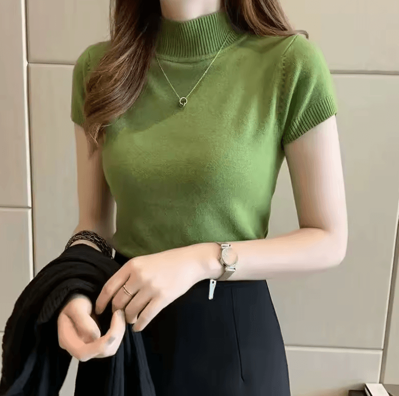 Women’s Half-High Neck T-Shirt Jumper – Elegant Casual Tops in Korean Style
