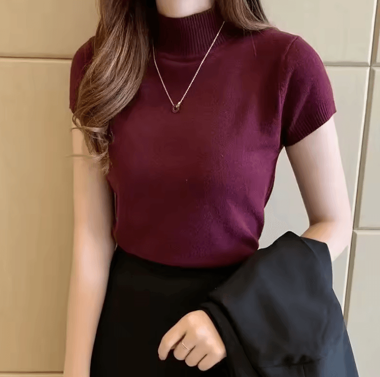 Women’s Half-High Neck T-Shirt Jumper – Elegant Casual Tops in Korean Style