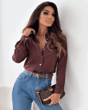 2025 Women’s Elegant Solid Chiffon Blouse | Casual Long Sleeve V-Neck Top