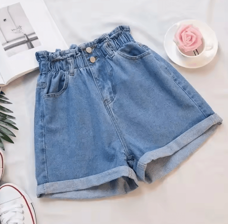 Women’s Elastic Waist Denim Shorts | Loose Fit Wide-Leg Korean A-Line Style