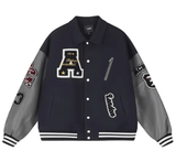 Unisex Varsity Bomber Jacket - American Letter Embroidery with Leather Sleeves
