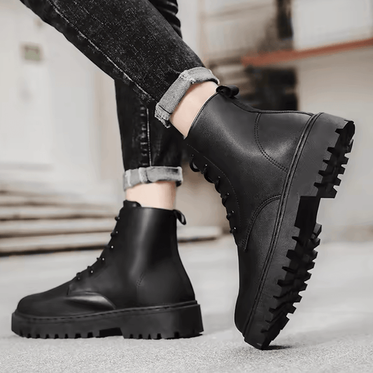 Men’s High-Top Waterproof Leather Shoes - Anti-Slip Platform Motorcycle Boots for Autumn