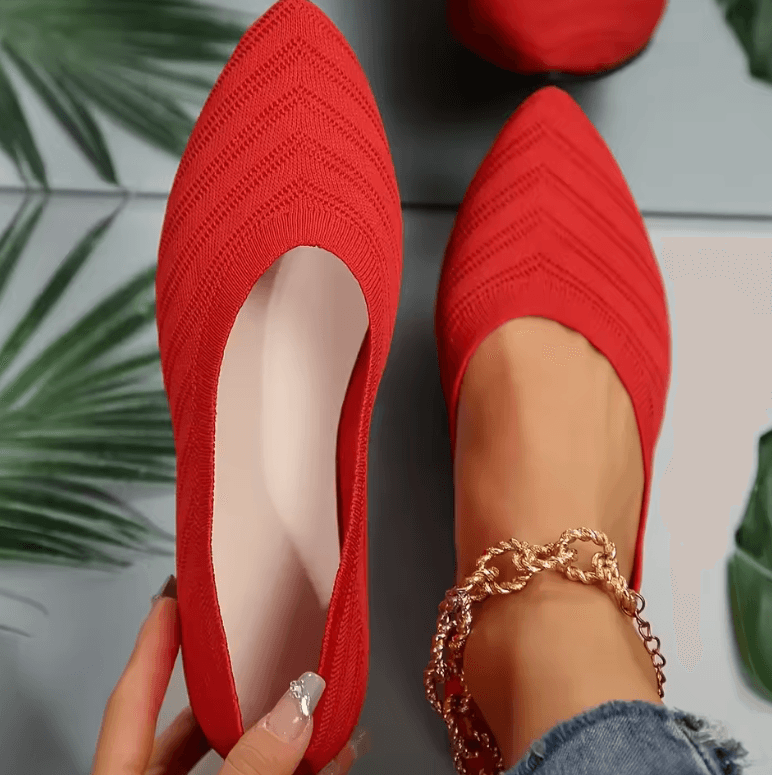 Women’s Pointed Toe Flat Shoes - Breathable Knitted Slip-On Ballet Flats