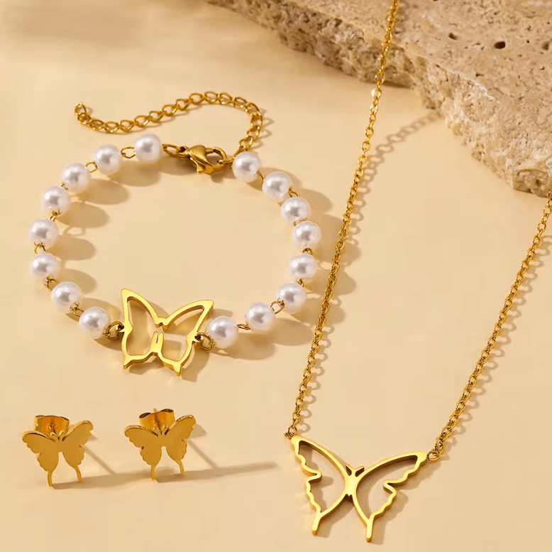 Skeleton Butterfly Jewelry Set – Necklace, Earrings & Pearl Bracelet for Women