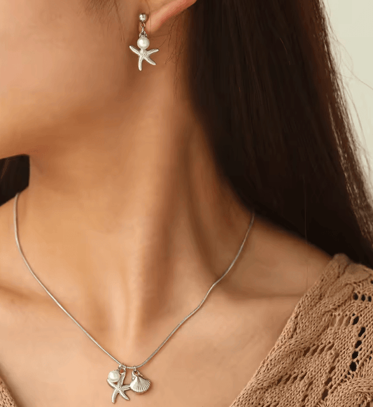 Classic Starfish Shell Pearl Jewelry Set – Earrings & Necklace for Women
