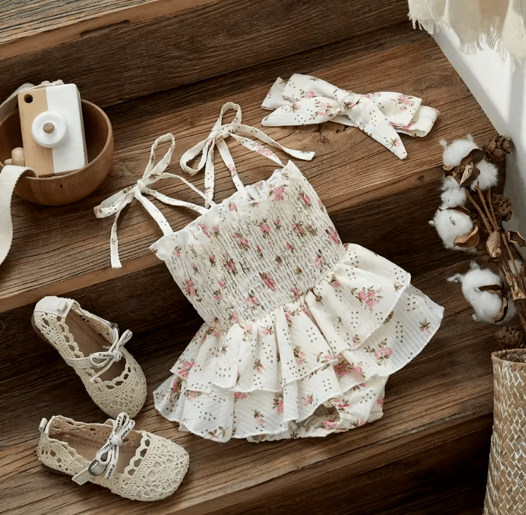 Baby Girl Romper – Cute Floral Jumpsuit with Headband (0-24M)