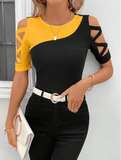 Women’s Color Block Off-Shoulder T-Shirt – Slim Fit Summer Blouse with Short Sleeves