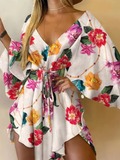 Women’s Bohemian Floral Print Mini Dress – V-Neck Loose Fit Beach Sundress with Bat Sleeves & Ruffle Hem – Summer Vacation Outfit