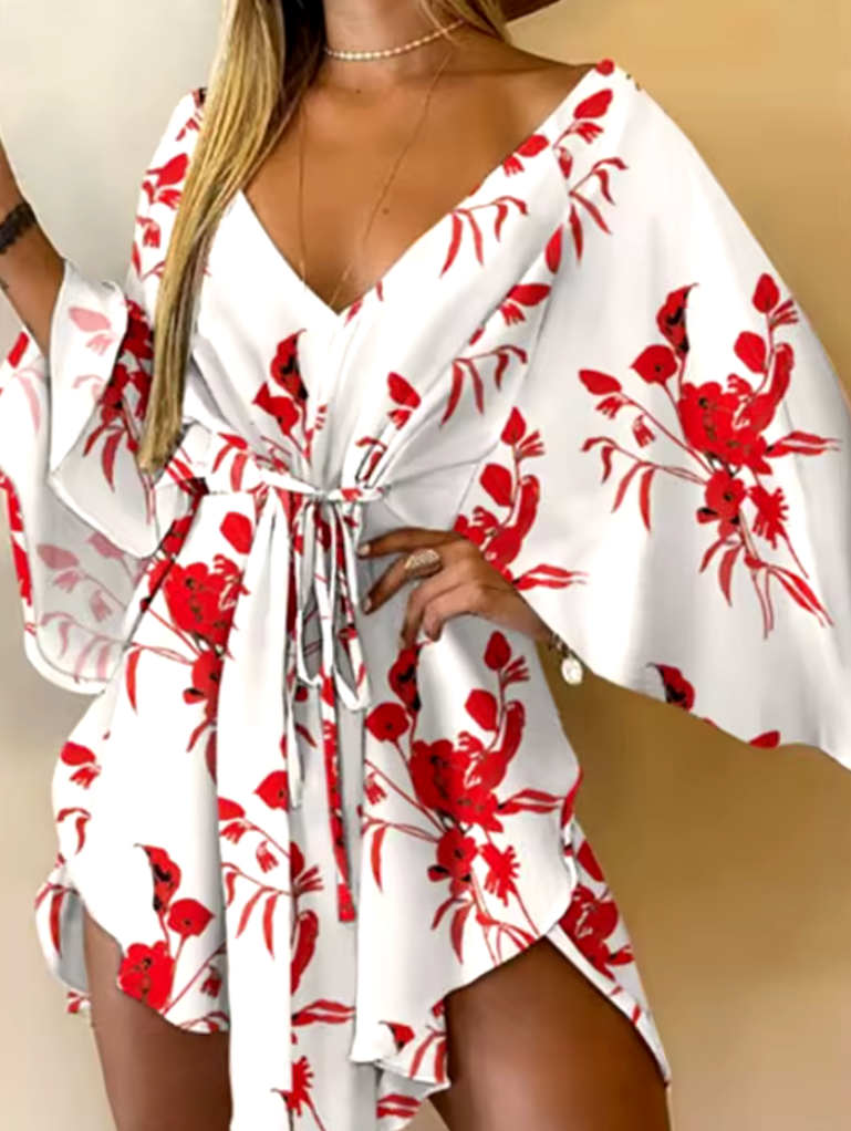 Women’s Bohemian Floral Print Mini Dress – V-Neck Loose Fit Beach Sundress with Bat Sleeves & Ruffle Hem – Summer Vacation Outfit