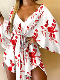 Women’s Bohemian Floral Print Mini Dress – V-Neck Loose Fit Beach Sundress with Bat Sleeves & Ruffle Hem – Summer Vacation Outfit