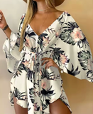 Women’s Bohemian Floral Print Mini Dress – V-Neck Loose Fit Beach Sundress with Bat Sleeves & Ruffle Hem – Summer Vacation Outfit