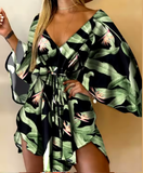 Women’s Bohemian Floral Print Mini Dress – V-Neck Loose Fit Beach Sundress with Bat Sleeves & Ruffle Hem – Summer Vacation Outfit