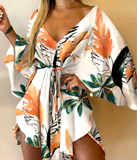 Women’s Bohemian Floral Print Mini Dress – V-Neck Loose Fit Beach Sundress with Bat Sleeves & Ruffle Hem – Summer Vacation Outfit