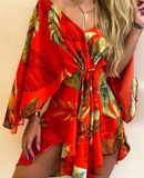 Women’s Bohemian Floral Print Mini Dress – V-Neck Loose Fit Beach Sundress with Bat Sleeves & Ruffle Hem – Summer Vacation Outfit