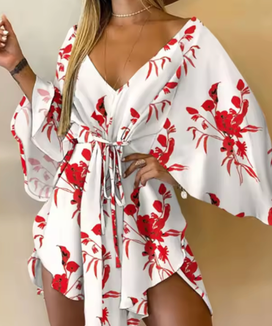 Women’s Bohemian Floral Print Mini Dress – V-Neck Loose Fit Beach Sundress with Bat Sleeves & Ruffle Hem – Summer Vacation Outfit