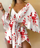 Women’s Bohemian Floral Print Mini Dress – V-Neck Loose Fit Beach Sundress with Bat Sleeves & Ruffle Hem – Summer Vacation Outfit