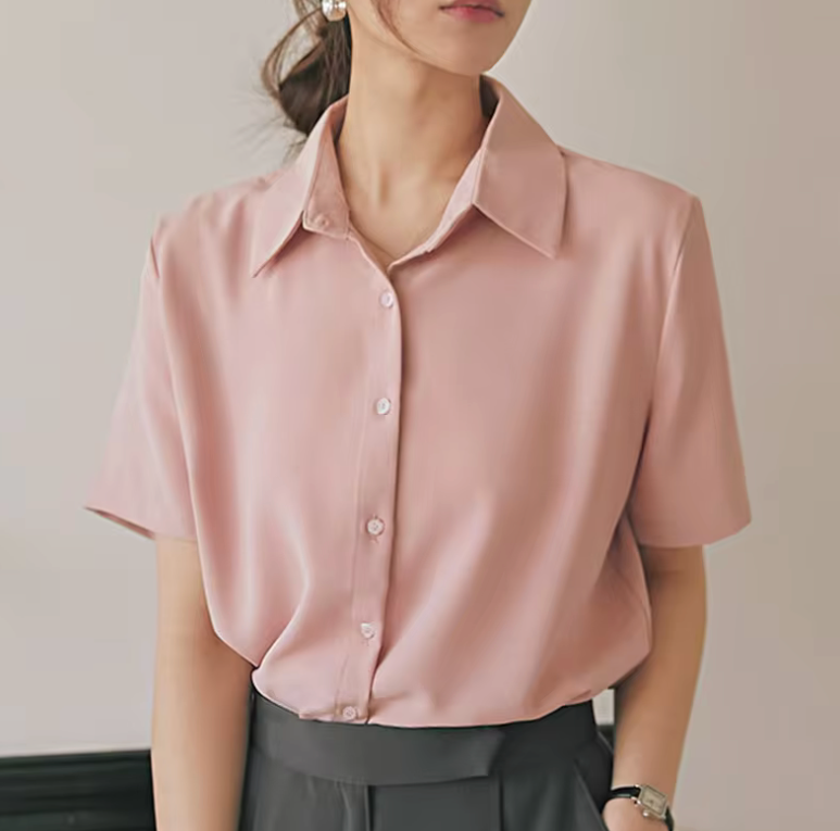 Women’s Summer Slim Fit Shirt – French Style Solid Color Blouse – Lightweight Office OL Top – Elegant Commuting Workwear