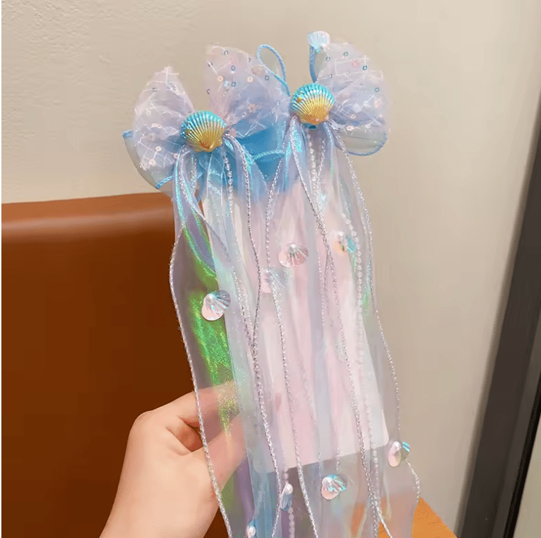 2PCS Mermaid Headwear, Children's Princess Bow, Hairpin, Girls' Floating Yarn, Braided Hair Clip Mermaid Maiden Hair Accessory
