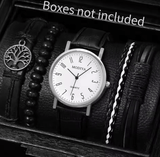 Men's Quartz Watch & PU Leather Bracelets Set (5-Piece)
