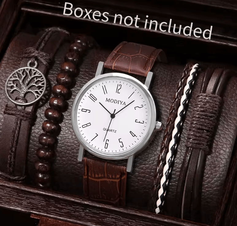 Men's Quartz Watch & PU Leather Bracelets Set (5-Piece)