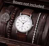 Men's Quartz Watch & PU Leather Bracelets Set (5-Piece)