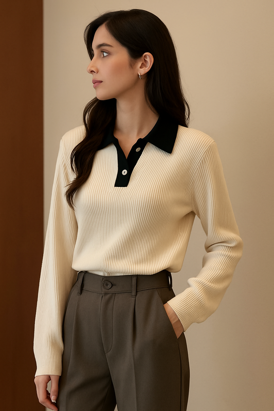 Elegant Color Block Polo Shirt – Loose-Fit Long Sleeve Women’s