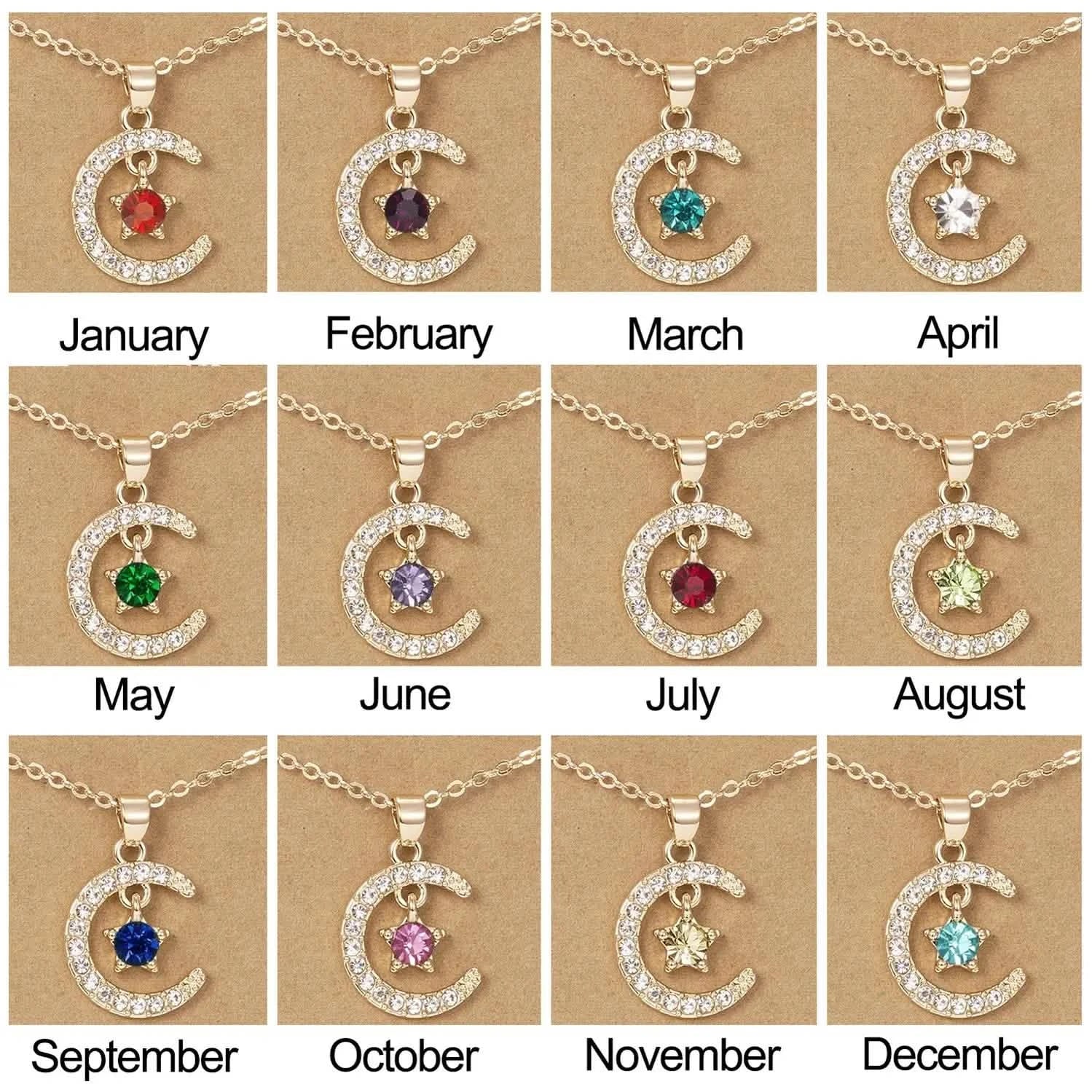 Birthstone Moon & Star Crystal Pendant Necklace