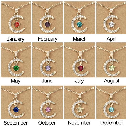Birthstone Moon & Star Crystal Pendant Necklace