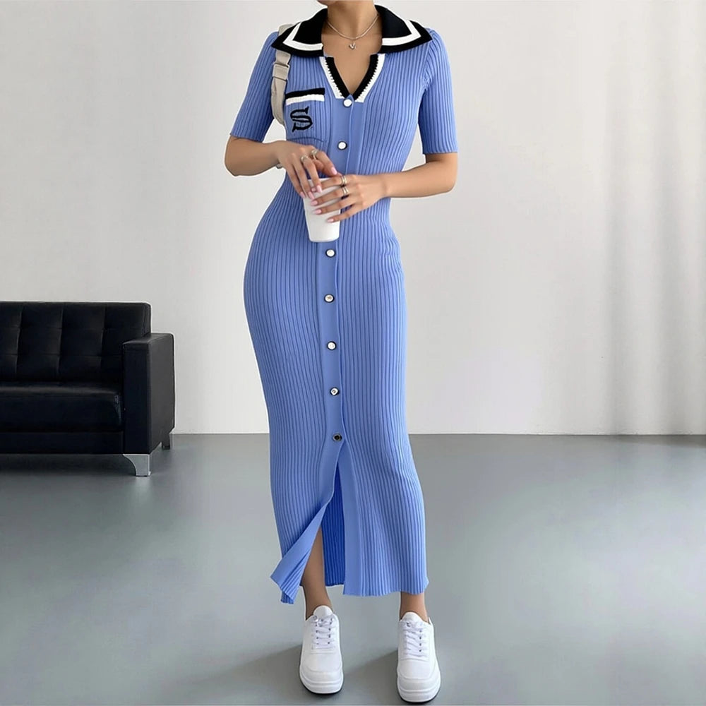 YuooMuoo Chic Fashion Sexy Wrap Hips Knitted Long Dress 2026 New Brand Fashion Embroidery Single-breasted Shirt Dress Streetwear