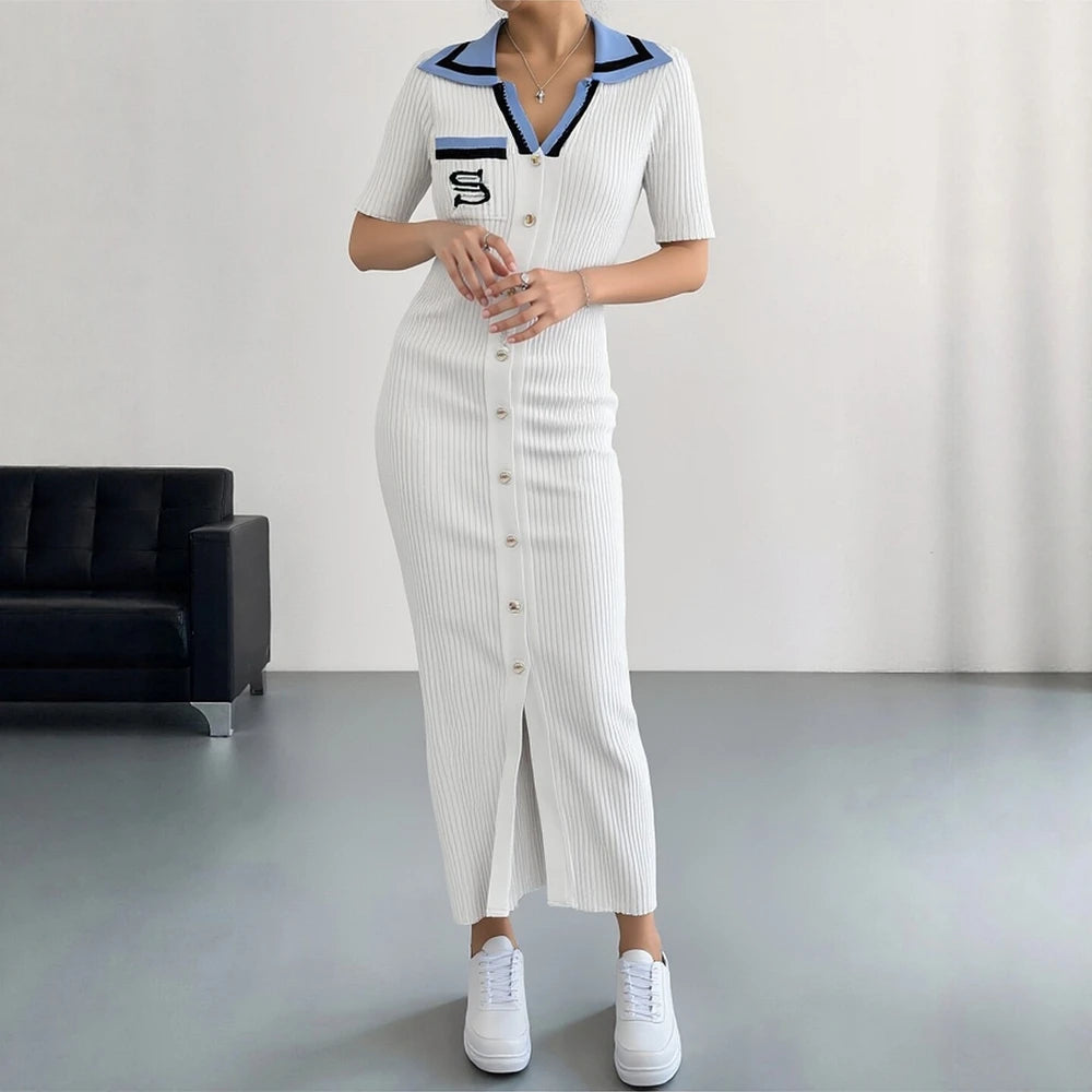 YuooMuoo Chic Fashion Sexy Wrap Hips Knitted Long Dress 2026 New Brand Fashion Embroidery Single-breasted Shirt Dress Streetwear