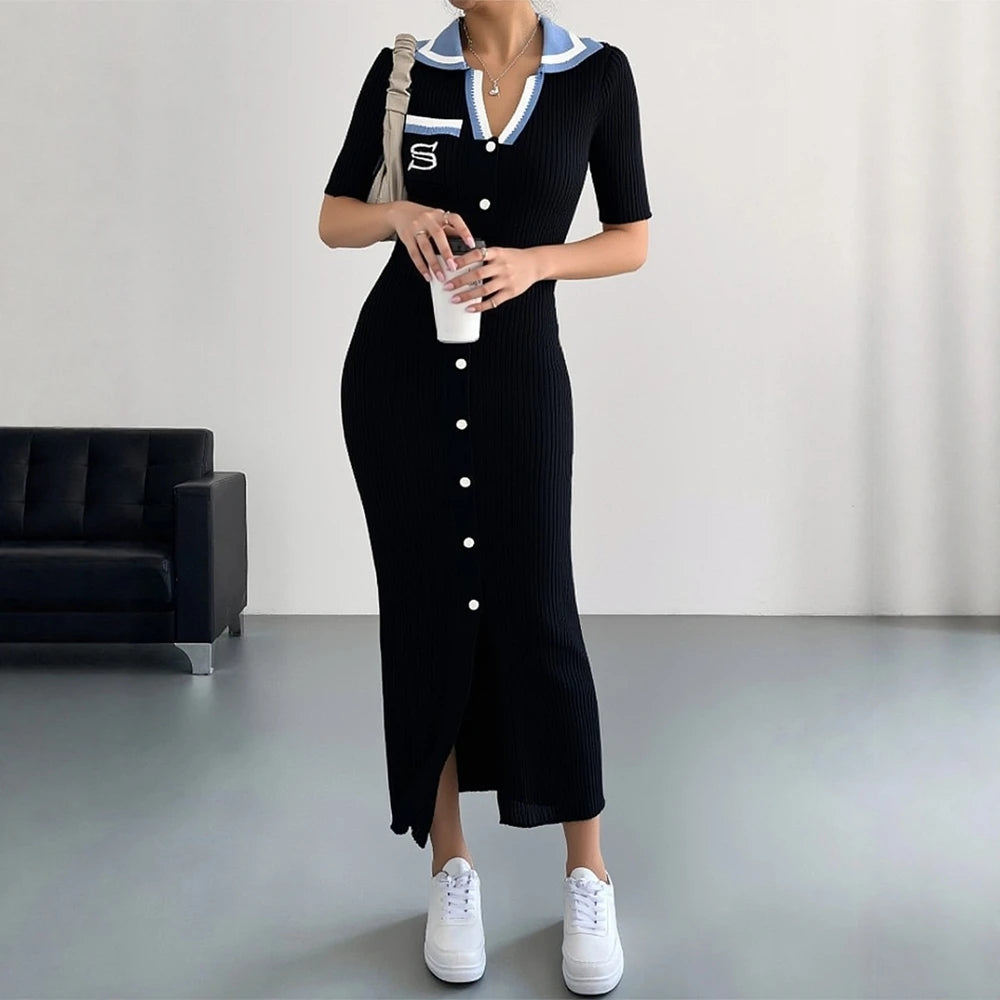 YuooMuoo Chic Fashion Sexy Wrap Hips Knitted Long Dress 2026 New Brand Fashion Embroidery Single-breasted Shirt Dress Streetwear
