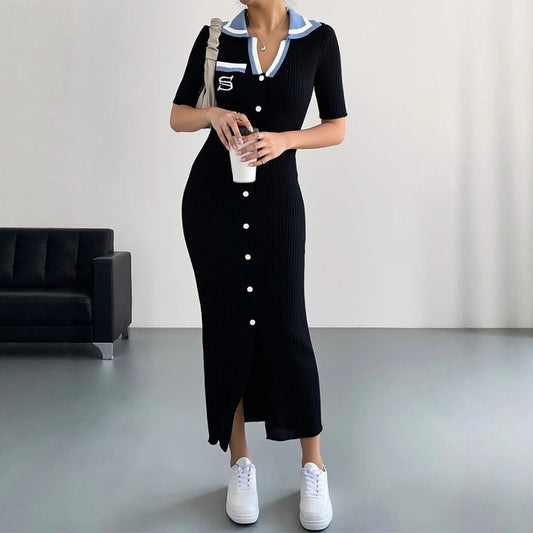 YuooMuoo Chic Fashion Sexy Wrap Hips Knitted Long Dress 2026 New Brand Fashion Embroidery Single-breasted Shirt Dress Streetwear