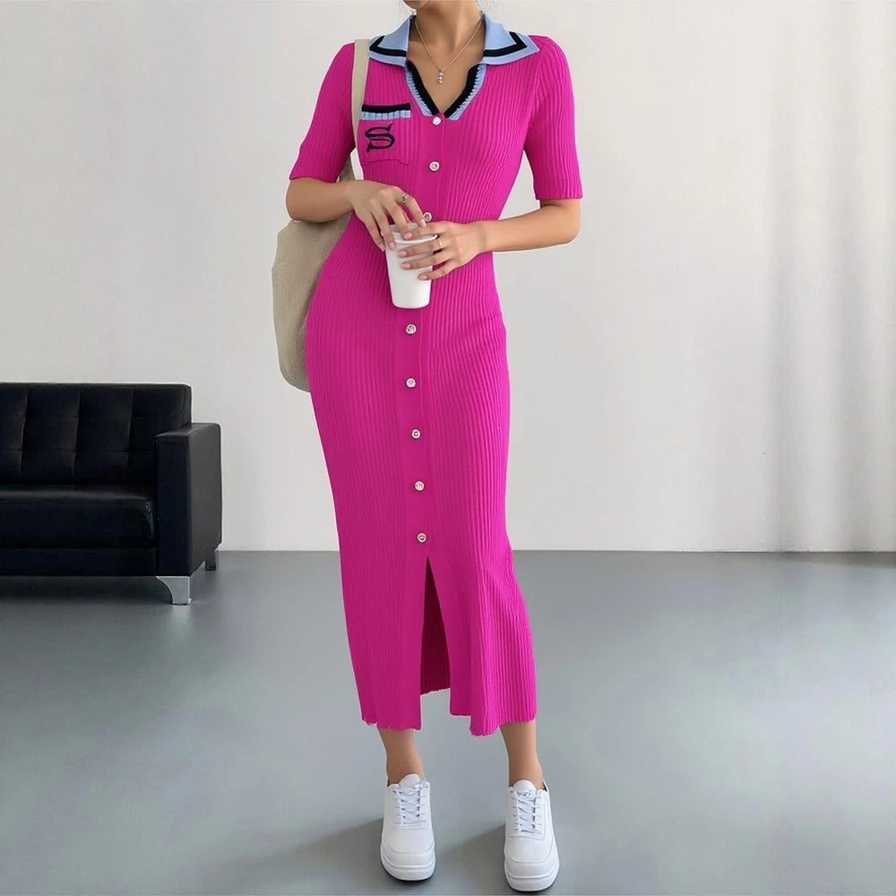 YuooMuoo Chic Fashion Sexy Wrap Hips Knitted Long Dress 2026 New Brand Fashion Embroidery Single-breasted Shirt Dress Streetwear