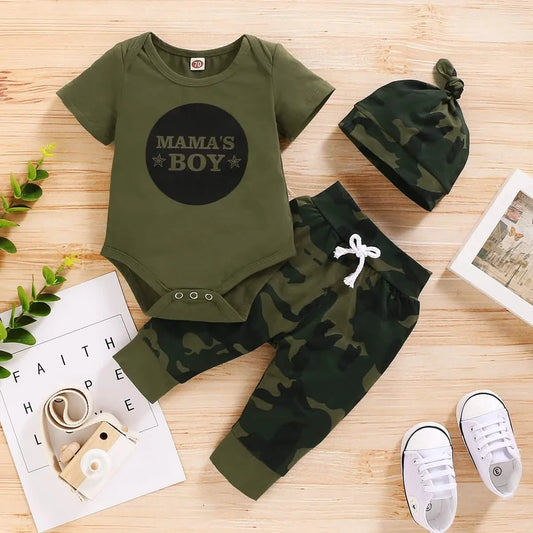 Baby Boy 3PC Summer Set — Bodysuit, Camo Pants & Hat