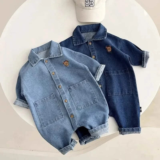 Baby Denim Romper with Bear Embroidery, Unisex 0-2Y