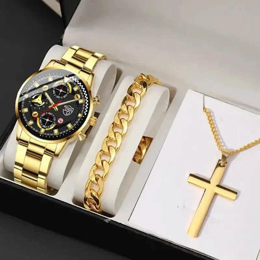 Deyros 3-Piece Men’s Quartz Watch Set with Bracelet & Necklace