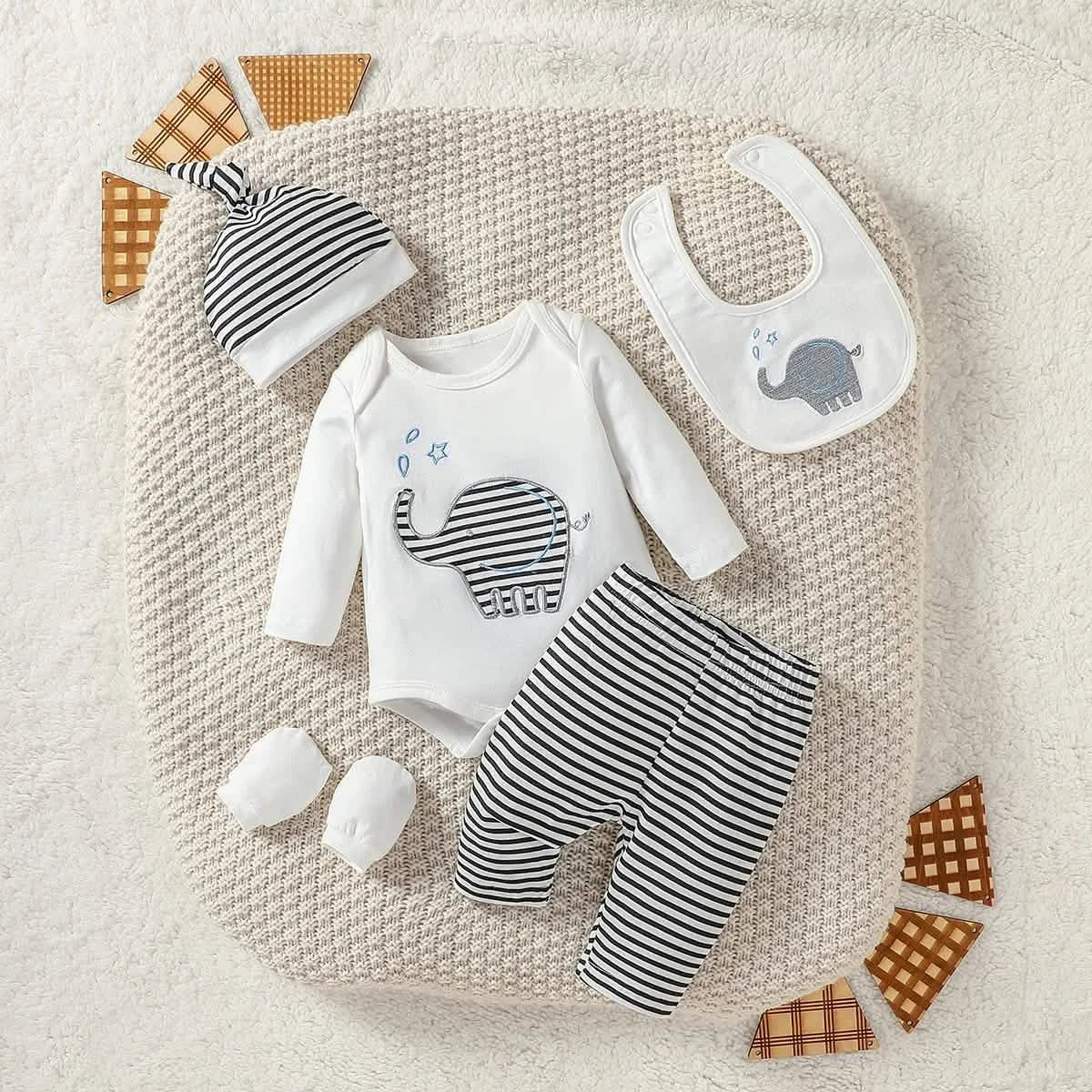Baby Boy Elephant Streetwear 4-Piece Set with Hat & Bib