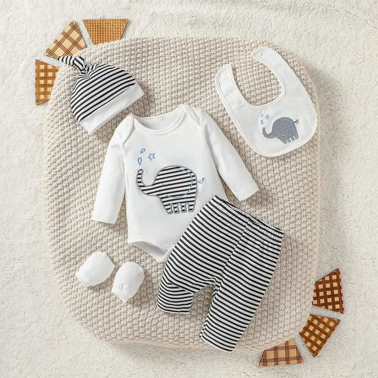 Baby Boy Elephant Streetwear 4-Piece Set with Hat & Bib