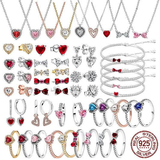 925 Silver Heart Jewelry Set: Earrings, Ring, Necklace, Bracelet