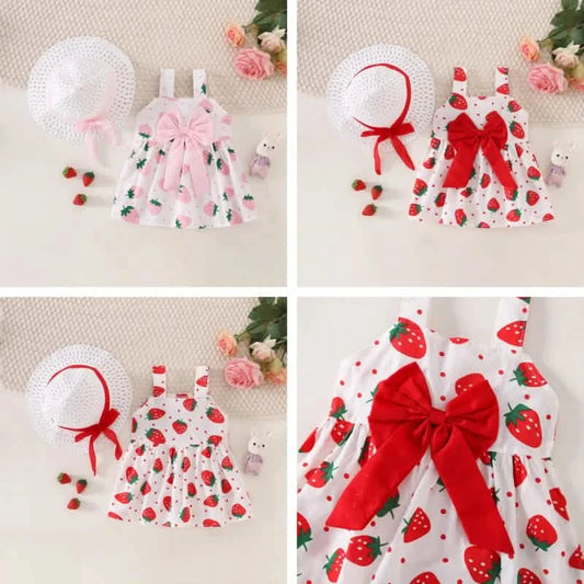 Baby Girl Cotton Strawberry Bow Sundress with Hat