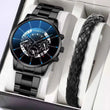 Men's Business Analog Quartz Watch & Leather Bracelet Set
