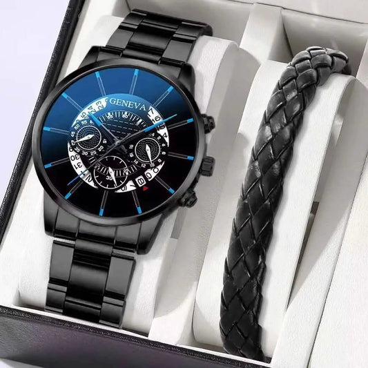 Men's Business Analog Quartz Watch & Leather Bracelet Set