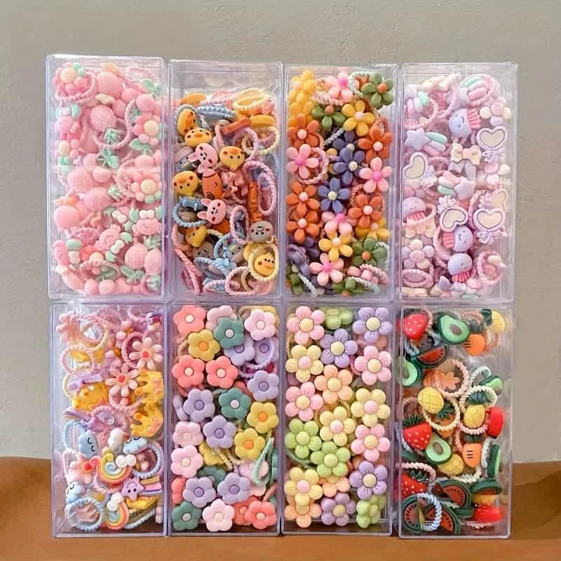 30pcs Girls Elastic Hair Bands – Cute Cartoon & Floral Set
