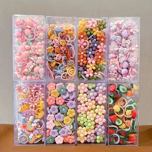 30pcs Girls Elastic Hair Bands – Cute Cartoon & Floral Set