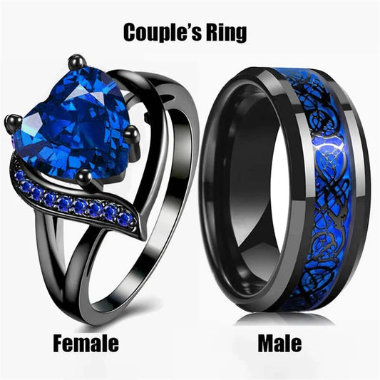 Couple Rings Set: Blue Heart Zircon & Stainless Steel Dragon