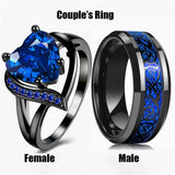 Couple Rings Set: Blue Heart Zircon & Stainless Steel Dragon